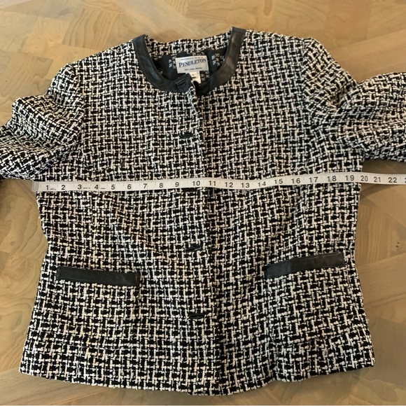 Pendleton Silk Tweed Boucle blazer Lady Jacket lined pockets 12 Leather Trim - Picture 11 of 12